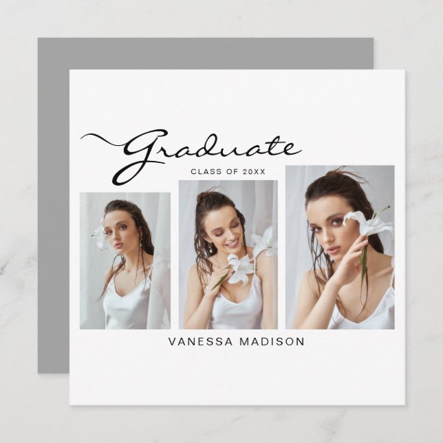 Modern Elegant Script Minimal | 3 Photo Graduation Announcement (Front/Back)