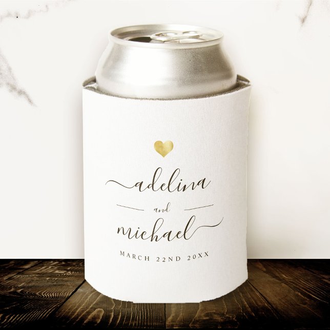 Modern Elegant Script Minimal Gold Wedding Favour Can Cooler (Creator Uploaded)