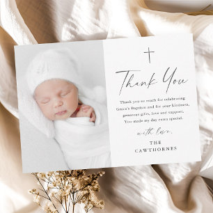 Modern Elegant Script Minimal Photo Baptism Thank You Card