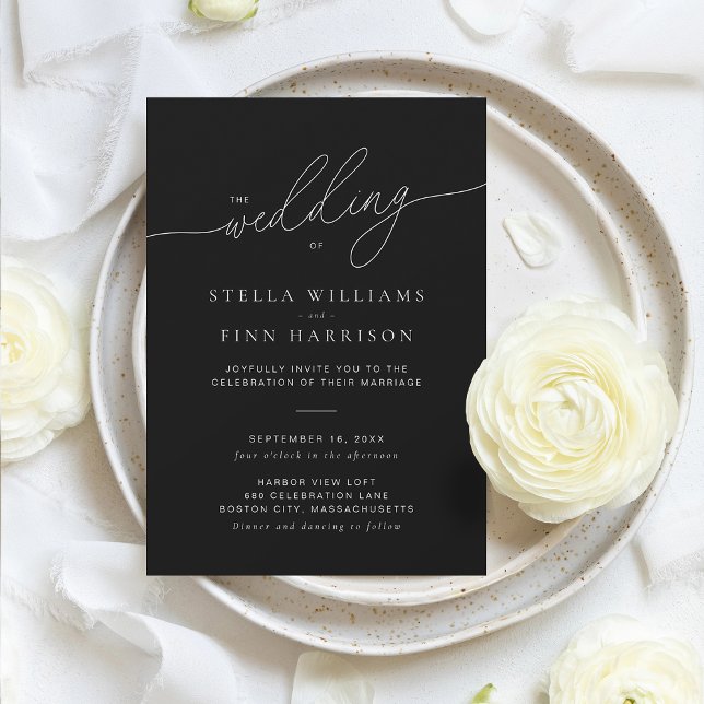 Modern Elegant Script Minimalist Black Wedding Invitation (Modern Elegant Script Minimalist Black Wedding Invitation)