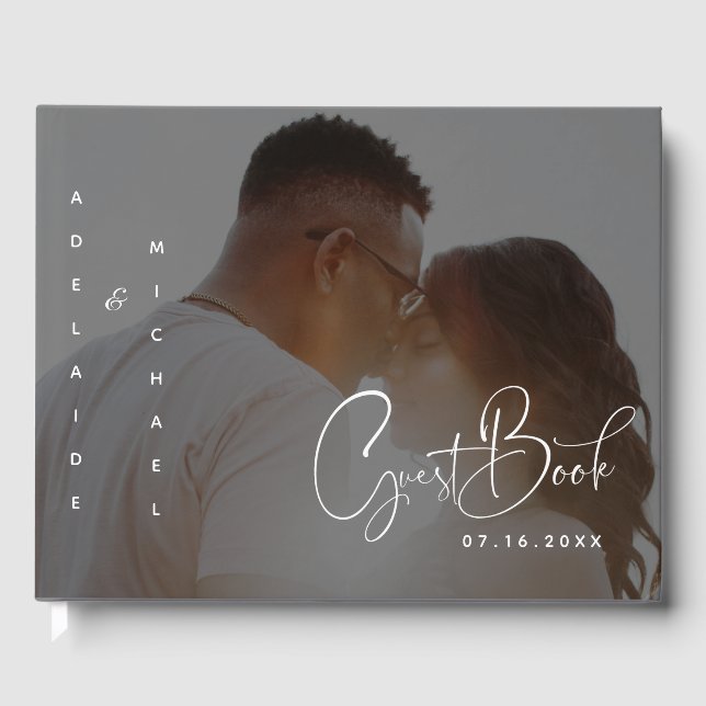 Modern Elegant Script Minimalist Photo Wedding Guest Book (Front)