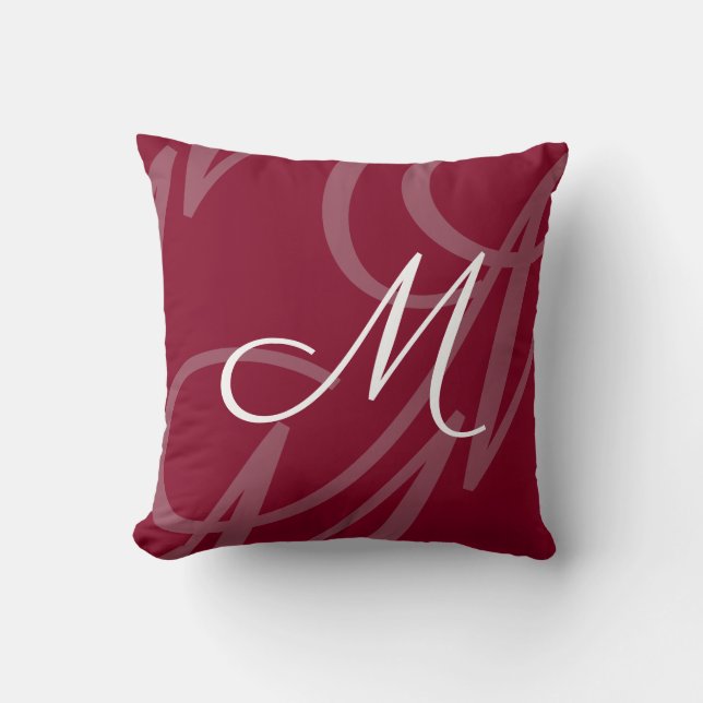 Modern Elegant Script Monogram Burgundy Red Cushion (Front)