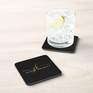 Modern Elegant Script Monogram Initials Black Gold Coaster