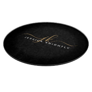 Modern Elegant Script Monogram Initials Black Gold Cutting Board