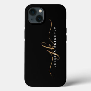 Modern Elegant Script Monogram Initials Black Gold iPhone 13 Case