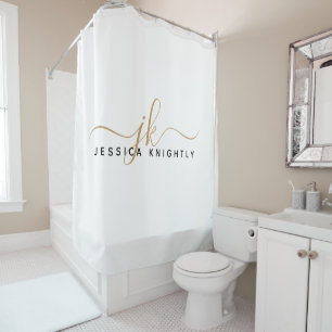 Modern Elegant Script Monogram Initials White Gold Shower Curtain