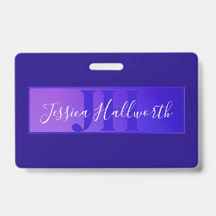 Modern Elegant Script Name & Monogram Ombre Purple ID Badge