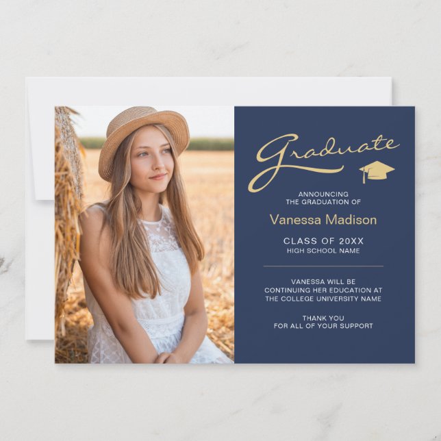Modern Elegant Script Navy Blue | 2 Photo Grad Announcement (Front)