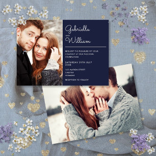 Modern Elegant Script Navy Blue 2 Photo Wedding Invitation