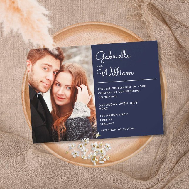 Modern Elegant Script Navy Blue Photo Wedding Invitation (Creator Uploaded)