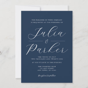 Modern Elegant Script Navy Blue Wedding Invitation