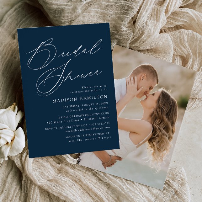 Modern Elegant Script Navy Photo Bridal Shower Invitation (Creator Uploaded)