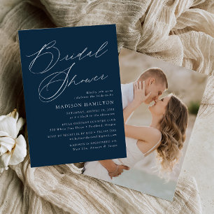 Modern Elegant Script Navy Photo Bridal Shower Invitation