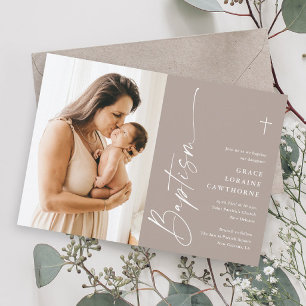 Modern Elegant Script Neutral Photo Baptism Invitation