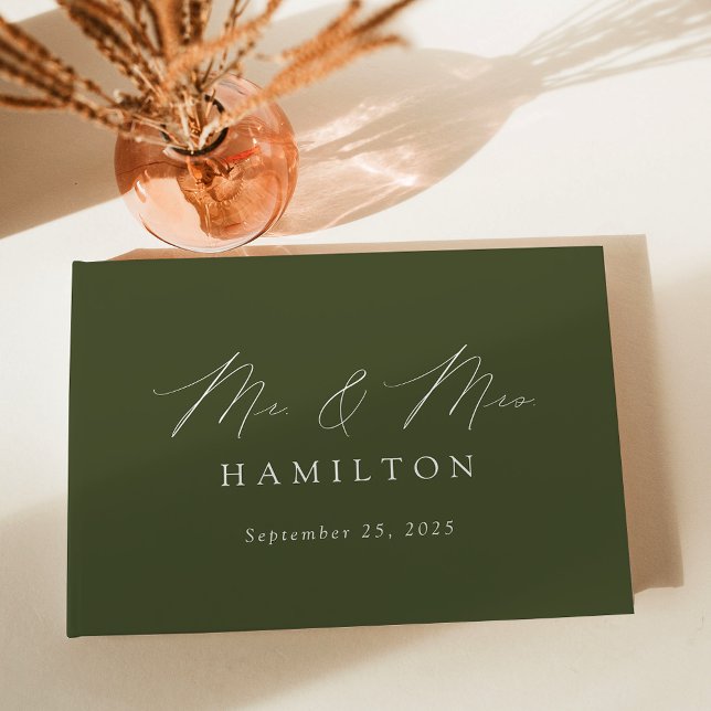 Modern Elegant Script Olive Green Photo Wedding Guest Book (Creator Uploaded)