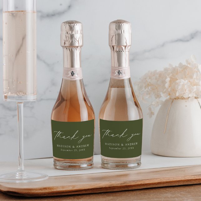 Modern Elegant Script Olive Green Thank You Sparkling Wine Label (Creator Uploaded)