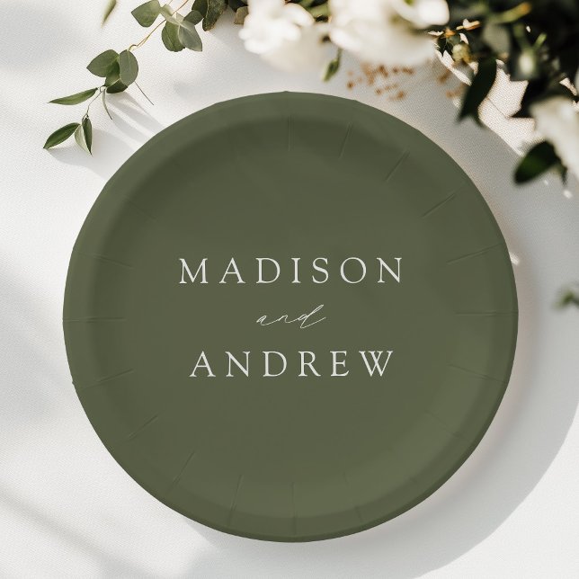 Modern Elegant Script Olive Green Wedding Paper Plate (Creator Uploaded)