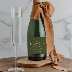 Modern Elegant Script Olive Green Wedding Sparkling Wine Label