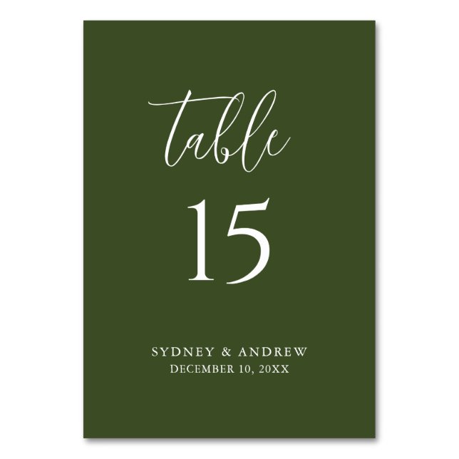 Modern Elegant Script Olive Green Wedding Table Number (Front)