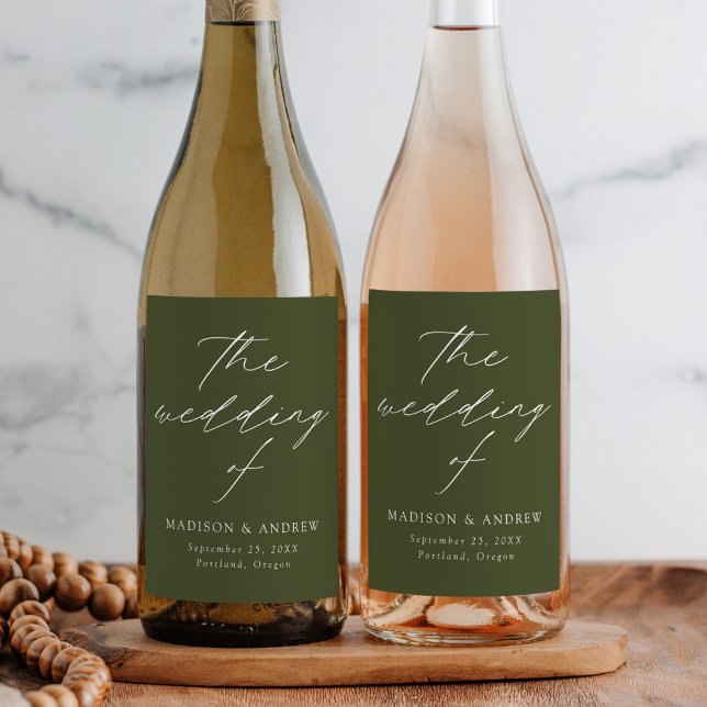 Modern Elegant Script Olive Green Wedding Wine Label (Creator Uploaded)