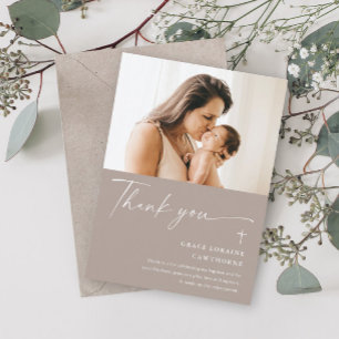 Modern Elegant Script Photo Baptism Thank You Card
