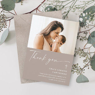 Modern Elegant Script Photo Baptism Thank You Card
