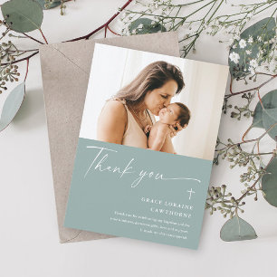 Modern Elegant Script Photo Baptism Thank You Card