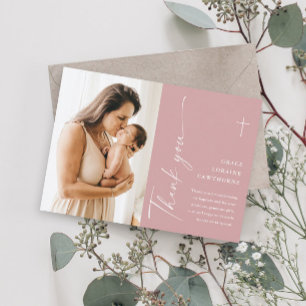 Modern Elegant Script Photo Baptism Thank You Card