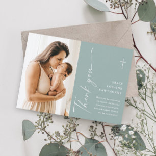Modern Elegant Script Photo Baptism Thank You Card
