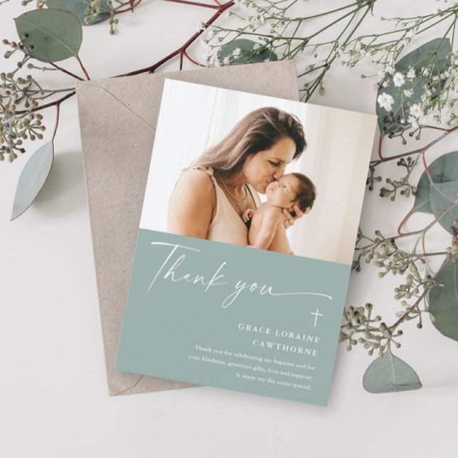 Modern Elegant Script Photo Baptism Thank You Card (Creator Uploaded)