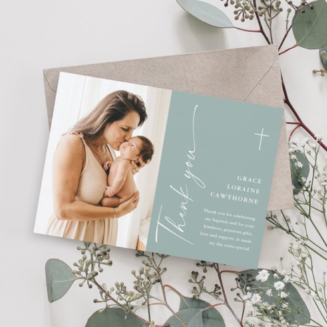 Modern Elegant Script Photo Baptism Thank You Card (Creator Uploaded)