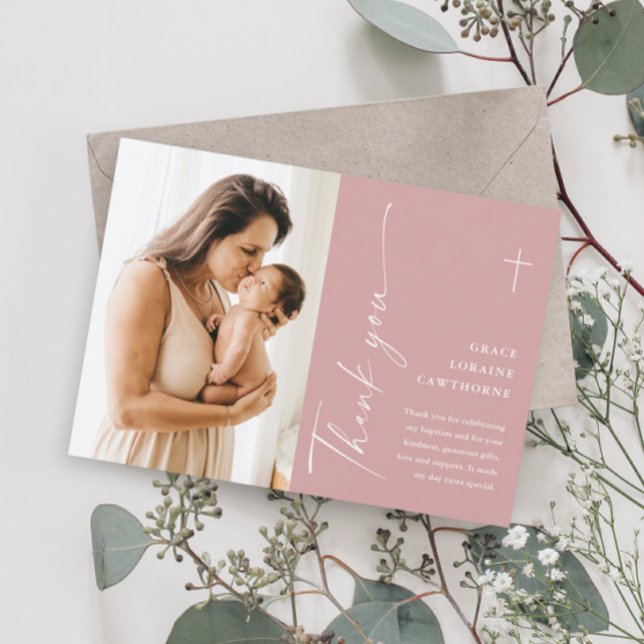 Modern Elegant Script Photo Baptism Thank You Card (Creator Uploaded)