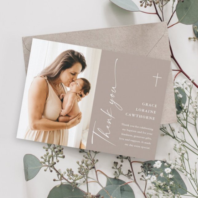 Modern Elegant Script Photo Baptism Thank You Card (Creator Uploaded)