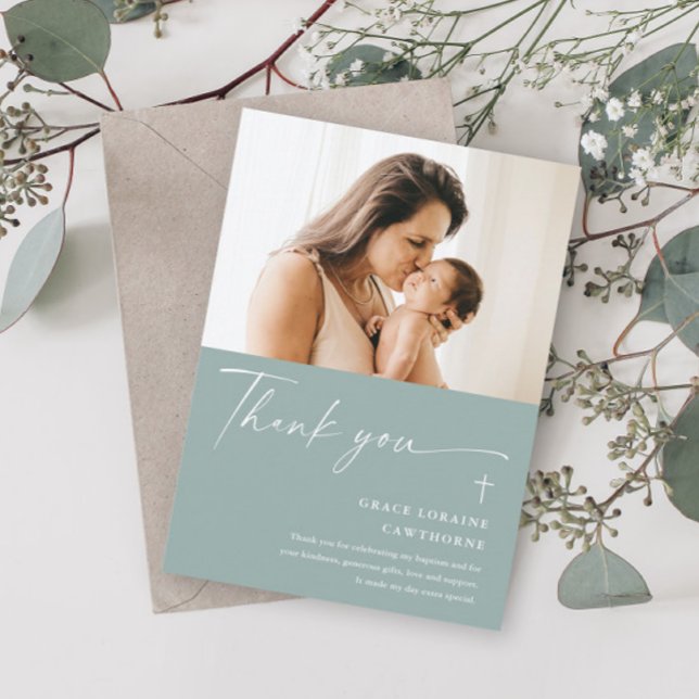Modern Elegant Script Photo Baptism Thank You Card (Creator Uploaded)