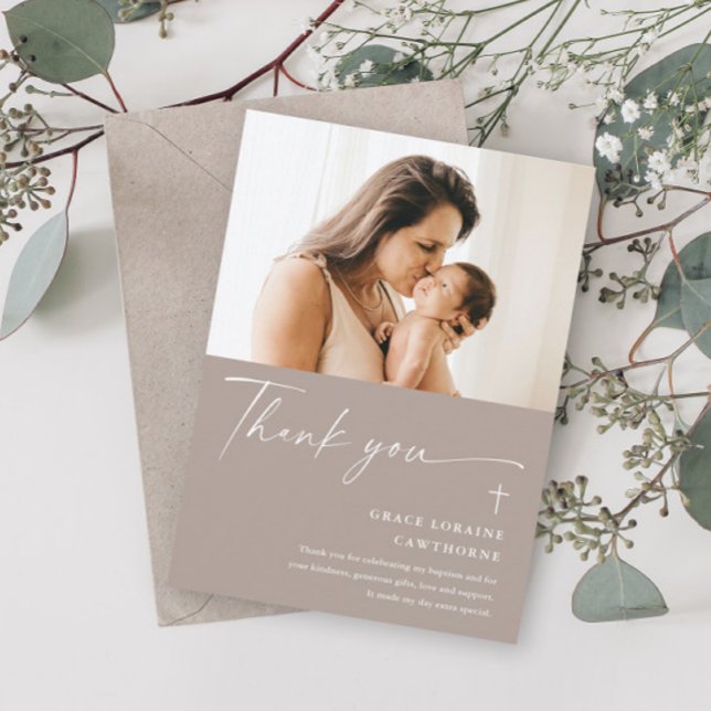 Modern Elegant Script Photo Baptism Thank You Card (Creator Uploaded)