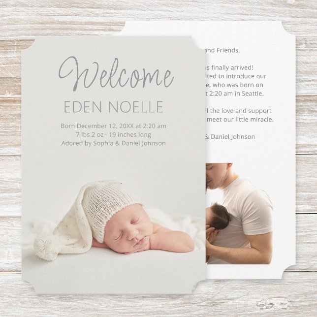 Modern Elegant Script Photo Birth Announcement (Modern gray script Welcome 2 photo birth announcement flat card with shaped corners.)