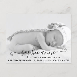 Modern Elegant Script Photo Birth Announcement Postcard