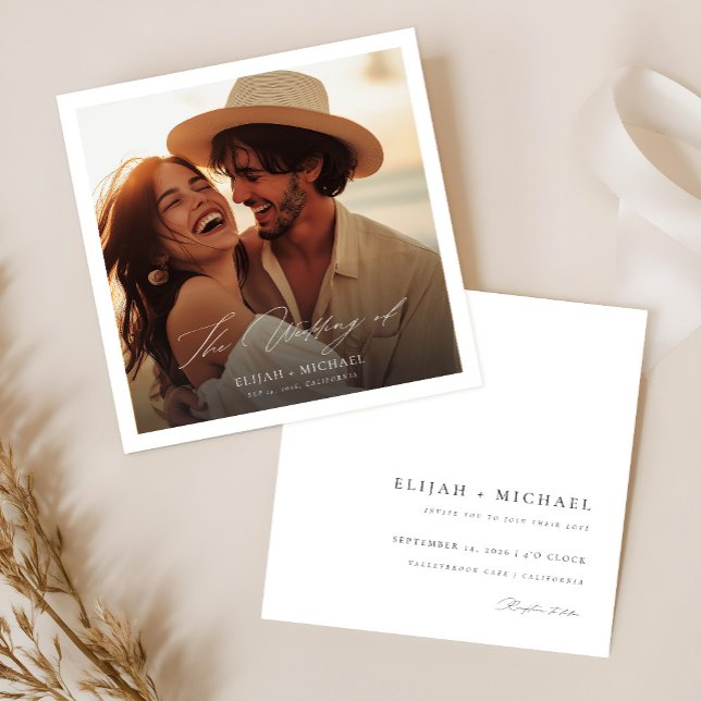 Modern Elegant Script Photo Budget Square Wedding Invitation (Creator Uploaded)