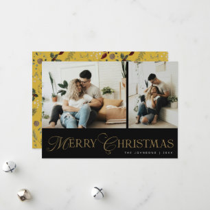Modern Elegant Script Photo Collage Gold Christmas Holiday Card
