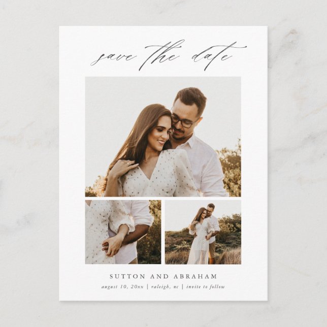 Modern Elegant Script Photo Collage Save The Date Announcement Postcard (Front)