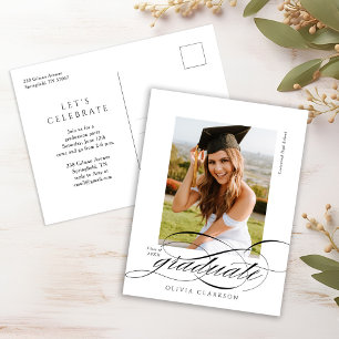 Modern Elegant Script Photo Graduation Party Postcard