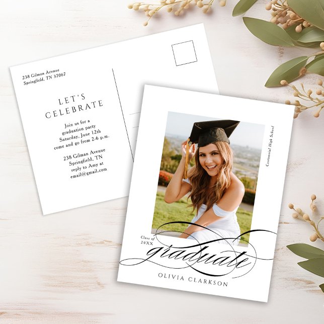 Modern Elegant Script Photo Graduation Party Postcard (Creator Uploaded)