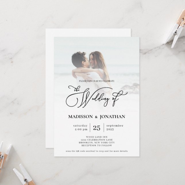 Modern Elegant Script Photo QR Code Wedding Invitation (Front/Back In Situ)