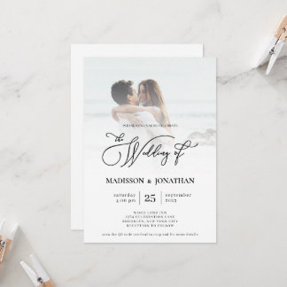 Modern Elegant Script Photo QR Code Wedding Invitation