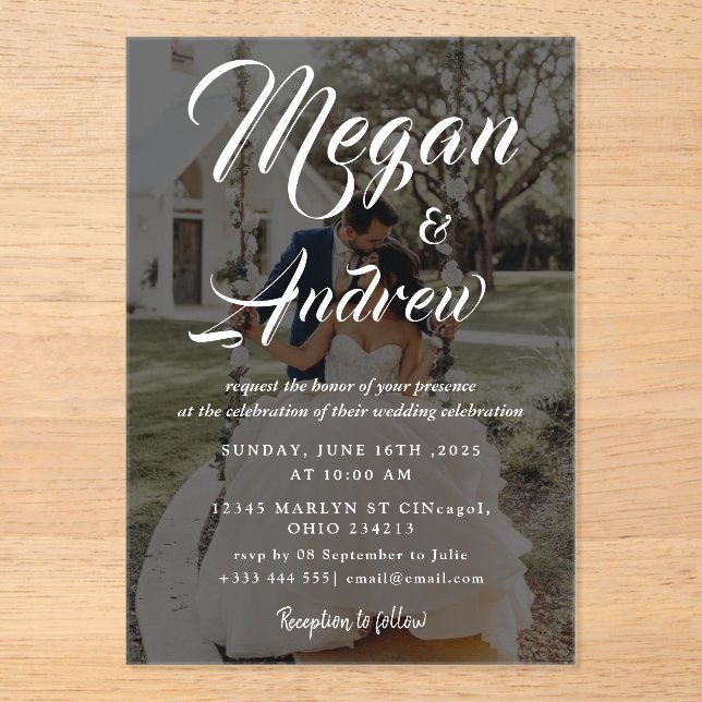 Modern Elegant Script Photo Wedding Acrylic Invitations (Front)