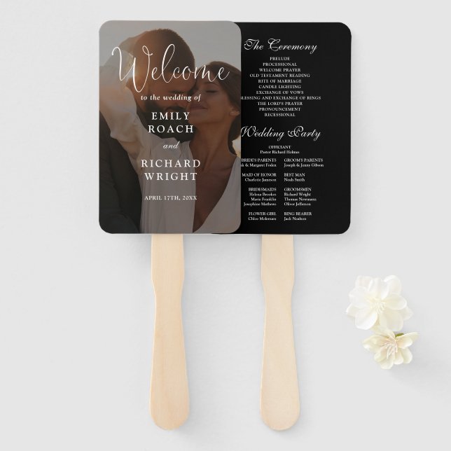 Modern Elegant Script Photo Wedding Program Hand Fan (Front and Back)