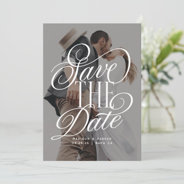 Modern Elegant Script Photo Wedding  Save The Date (Standing Front)