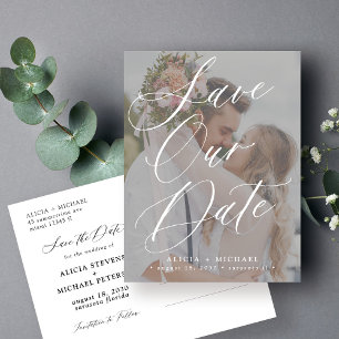 Modern elegant script photo wedding save the date announcement postcard