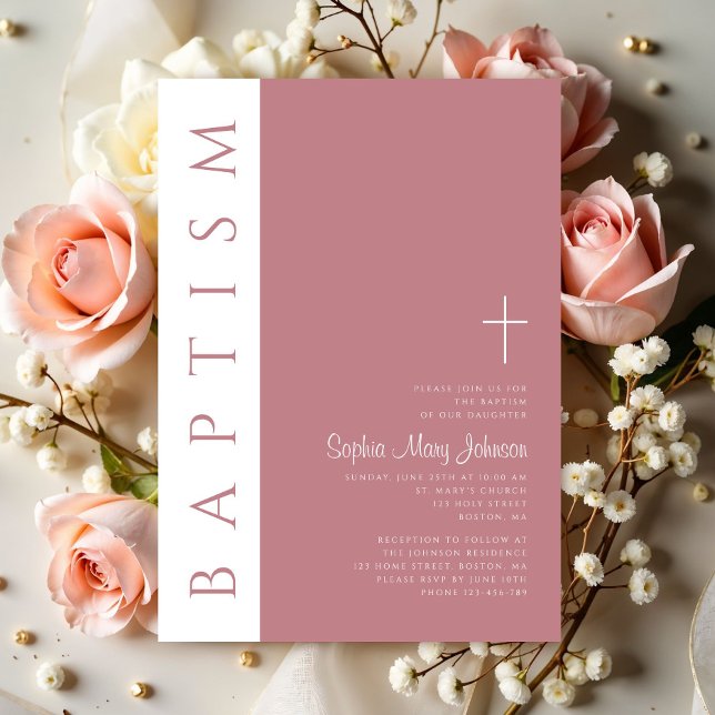 Modern Elegant Script Pink Baptism Invitation (Modern Elegant Script Pink Baptism Invitation)