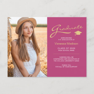 Modern Elegant Script Pink & Gold   2 Photo Grad Postcard